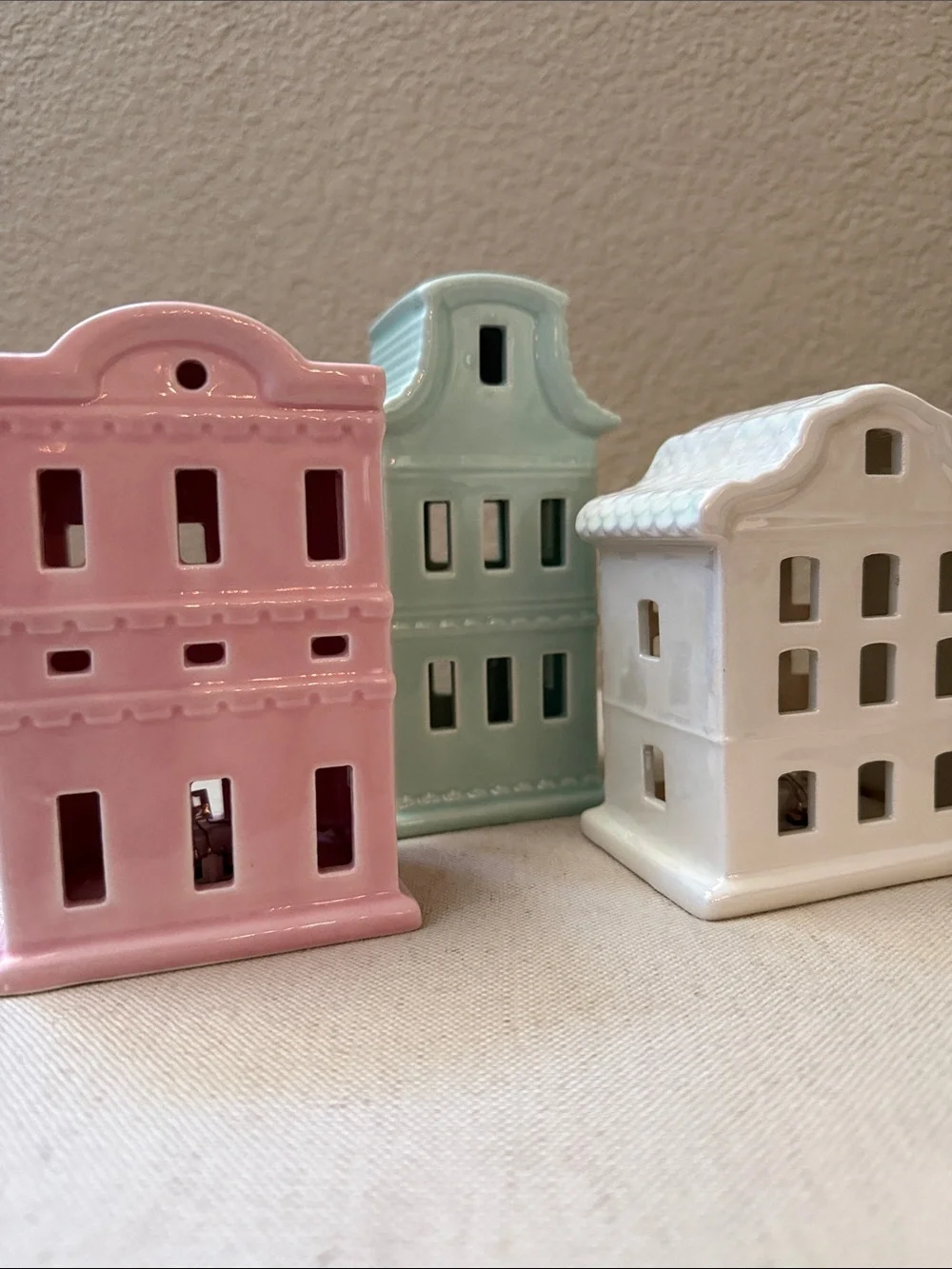 Set-of-3 Ceramic Light-up Village Pieces, 4.5”-6.25” high, bottom on/off switch